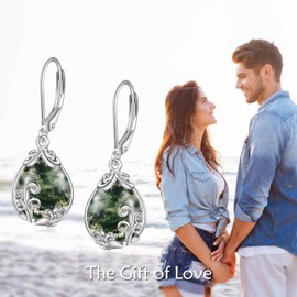 POPLYKE Moss Agate Filigree Teardrop Drop Dangle Earrings Sterling Silver Leverback Earrings Jewelry for Women