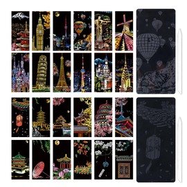 24 Pcs Scratch Art for Adults,Foil Paper for World Famous City Landmarks Magic Rainbow,Paint for Children's Painting Sketch,Engraving Craft Kit,DIY Series Night View,Kids Landscape,Landmark Building
