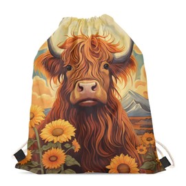 Upetstory Highland Cow Drawstring Backpack Gym Sports Bags String Cinch Sack Pack PE Kit Sports Gymnastics Bag Storage Pouch for Shopping Beach Swimming Fitness