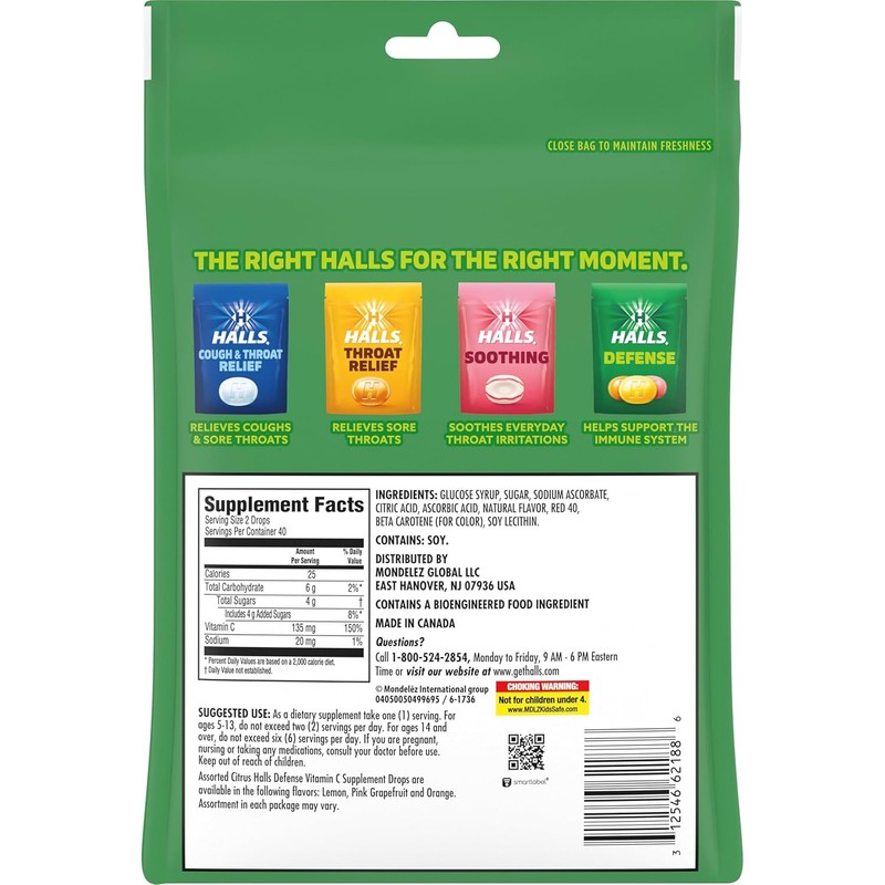 HALLS Defense Assorted Citrus Vitamin C Drops, Economy Pack, 80