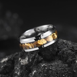 King Will 8mm Gunmetal Tungsten Carbide Wedding Rings For Men Inlay Gold Rock Edge Polished Daily Wear Comfort Fit Size 10.5