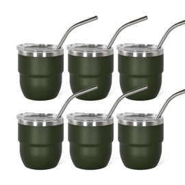 4oz Stackable Cup, 6Pcs Mini Tumbler with Lid and Straw, Stainless Steel Vacuum Insulated Espresso Cup, Cute Coffee Cup for Morning Coffee，Individually Wrapped,Camp Green
