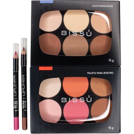 Paleta de Contorneadores + Paleta de Rostro Bissu con Rubor, Iluminador y contorno + 2 Lapiz Delineado de Labios IVY Mate Set de Maquillaje Viral (La de Cajon)