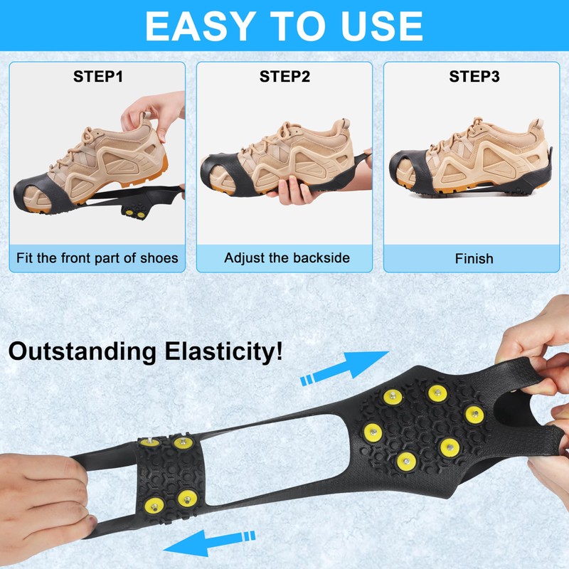 JSHANMEI Ice Snow Grips Traction Cleats, 10 Steel Studs, Black-Medium