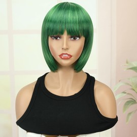 Creamily Short Bob Green Straight Wig with Bangs for Women Natrual Straight Bob Synthetic Hair Wig for Girl Green Color Costume Cosplay Party Daily Use