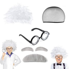 ZUJIACUN 6PCS Mad Scientist Wig Set, White Cosplay Old Man wig set Children's 100th day of school Grandpa costume, Cosplay Party Mad Scientist costume Party accessories