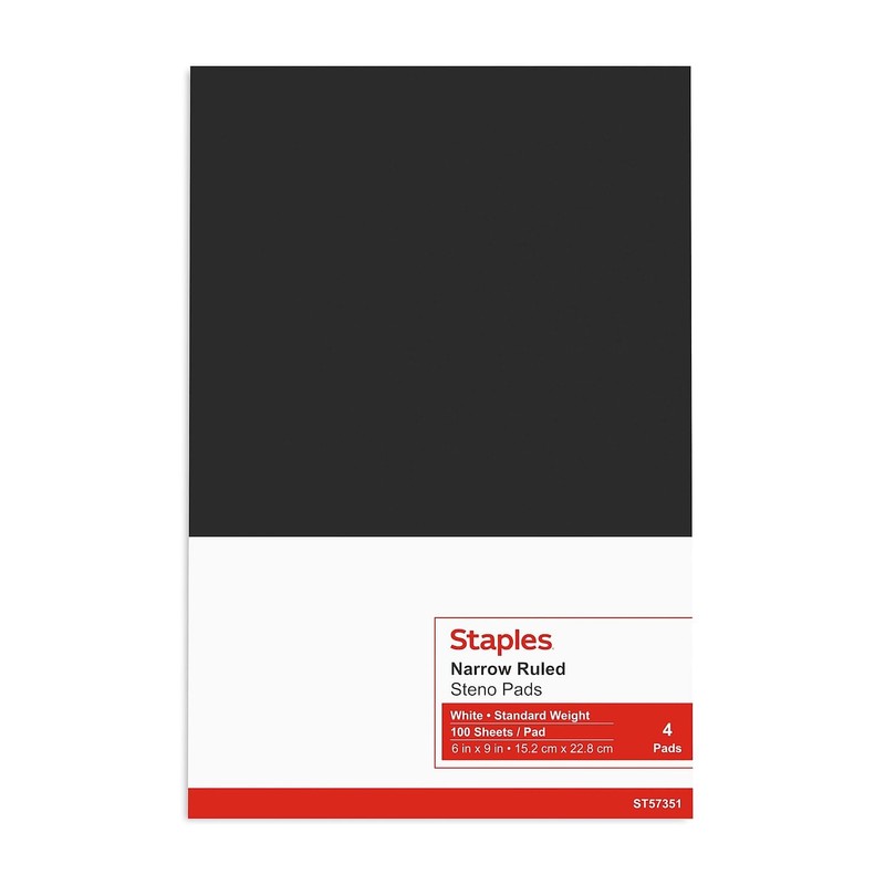 STAPLES Steno Pads, 6'' x 9'', Narrow Ruled, 100 Sheets/Pad,
