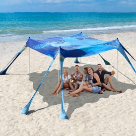 Rhino Valley Beach Tent Sun Shelter, Beach Canopy Tent Sun Shade UPF50+ Protection with 8 Sandbags 4 Stability Poles, Outdoor Beach Shade Canopy Camping, Fishing, 10 * 10FT, Dark Blue Turtle