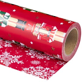 WRAPAHOLIC 30 Inch Jumbo Reversible Nutcracker Christmas Wrapping Paper - 30 Inch x 33 Feet - Red Nutcracker and Snowflake Wrapping Paper for Christmas, Holiday, Party