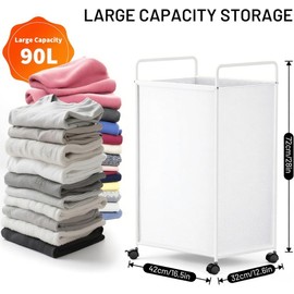 White Laundry Basket Hamper with Wheels, Large Square Tall Rolling Dirty Clothes Hamper for Bathroom, Dorm Room Metal Sturdy Wheeled Narrow Laundry Baskets Cart Organization Organizer