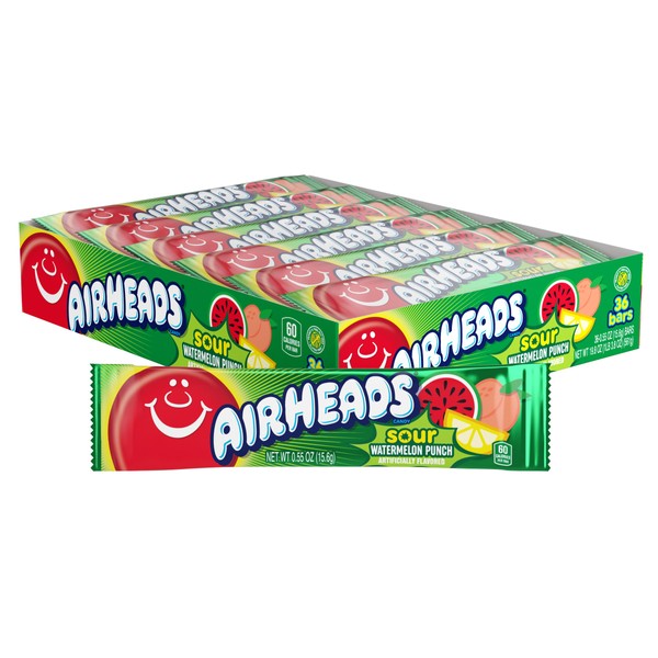 Airheads Sour Full-Size Candy Bars, Taffy Candy, Sour Watermelon Punch,