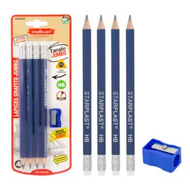 SET WRITING 4 JUMBO HB STARPLAST - 4 Pencils, HB Lead, Triangle Shape, Gift Sharpener, Writing, Wood, Office and School