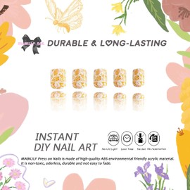 Press on Nails Short Square MABKJLF Yellow Fake Nails False Nails with Designs Maple Leaves Full Cover Glossy Glue on Nails Stick on Nails Acrylic Nails for Women Girls 24 Pcs