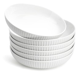 JDZTC 8" Large Pasta Bowls：24 oz Ceramic Bowl Plates Set of 6：Microwave Dishwasher Safe Shallow Dinner Bowls - Kitchen/Party/Home Daily Use/Restaurant - Gifts for Newlyweds/Households, 6 White