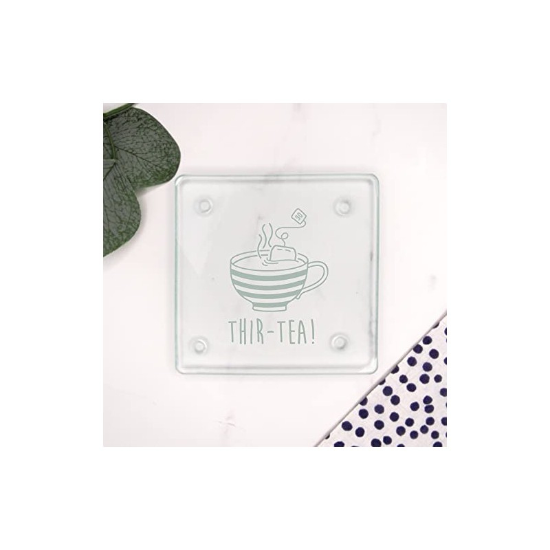 Engraved Square Glass Coaster -"THIR-TEA" Design - 30th Milestone Birthday