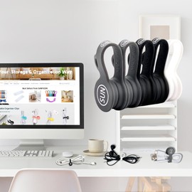 SUNFICON Cable Organizers Magnetic Cable Clips Earbuds Cords Winder Bookmark Clips Whiteboard Noticeboard Fridge Magnets USB Cable Manager Ties Straps for Home,Office,School 5 Pack Gray White Black