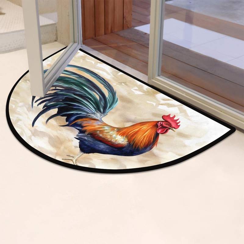 Aglebo Half Round Door Mat Cute Rooster Non-Slip Absorbent Welcome