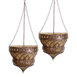 Austram Bronze Queen Anne Hanging Planters, 14 inch Diameter, Metal with Coco Liner, Set of 2