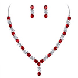 EleQueen Women's Silver-Tone Cubic Zirconia Oval Shape Leaf Bridal Necklace Earrings Set Ruby Color