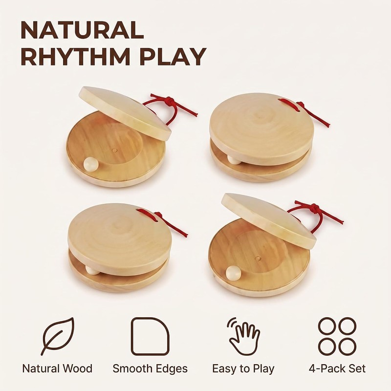 4Pcs Wooden Castanet, Percussion Instrument - 4Pcs Hand Finger Castanets,