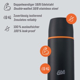 Esbit stainless steel vacuum flask for travel, outdoors, fishing, tea & coffee, BPA-free, 1 litre & other sizes, black, silver & other colours, black