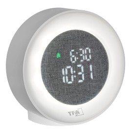 TFA Dostmann Sveglia da comodino luminosa digitale con numeri LED, 60.2047, luce notturna e luce di risveglio, con data, rivestimento in tessuto, alimentazione a rete, con funzione snooze, bianca