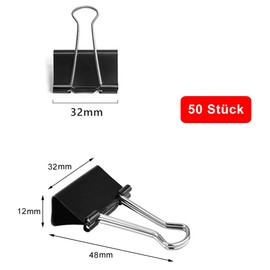 Pack of 50 Foldback Clips, 32 mm Black Foldback Clips, Paper Clips, Metal Jaw Clips, Paper Clips, Steel Clips, Multi-Purpose Clips for Office and Household, Foldback Clips