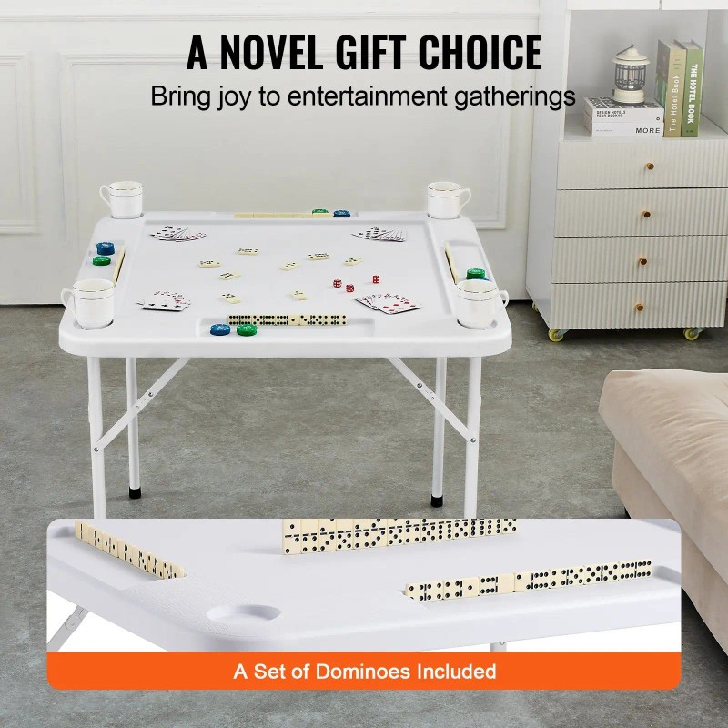 White 4-Player Folding Mahjong Table with 4 Cup Holders &