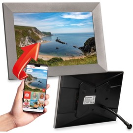 Grouptronics Gallery10 Easy To Use Wi-Fi Digital Photo Frame – 10 Inch, Send Photo or Video Via Free Phone App - Touch Screen, Auto Sleep & Rotate, Bendy Stand, Landscape or Portrait, 16GB - Silver