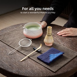 TEANAGOO Japanese Matcha Whisk (7pcs) Matcha Set Mtacha Kit Matcha Bowl with Pouring Spout Bamboo Matcha Whisk (chasen) Scoop (chashaku) Matcha Whisk Holder.N35,Gradient Pink White