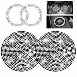 Yungeln 2 Stück Auto Getränkehalter Untersetzer + 2 Stück Start Stop Button Ring Kristall Bling Bling Strass Auto Dekor Zubehör - Weiß