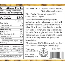 Eden Organic Garbanzo Beans, 29 oz Can, No Salt, Non-GMO, Gluten Free, Vegan, Kosher, U.S. Grown, Heat and Serve, Macrobiotic, Chickpeas