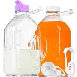 2 Pack 64 Oz Heavy Duty Glass Milk Bottle with 1 Silicone Spout and 3 Reusable Airtight SCREW LID, 2 Qt Glass Water Bottle with 2 Exact Scale Lines - Milk Jug Pitcher - 1/2 Gal Juice Bottles
