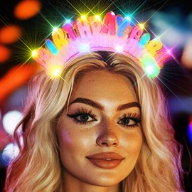 Handcess Light up Birthday Headband Festival LED Hair Band Glowing Costume Hair Hoop Party Rave Hair Accessories for Women and Girls