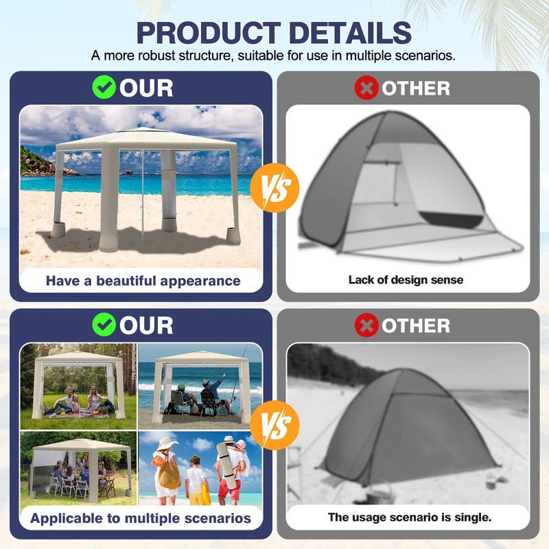 8'×8' Beach Tent, UPF 50+ Beach Canopy Sun Shelter for