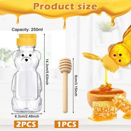 Pack of 2 Bear Honey Dispensers 250 ml with Honey Spoon Syrup Dispenser Transparent Squeeze with Hinged Lid Honey Jar Jam Jars Small Sauce Bottle for Coffee or Tea, Ideal for Honey and Syrup