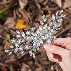 Unsutuo Crystal Bride Wedding Hair Comb Silver Rhinestone Flower Bridal Hair Pieces Pearl Wedding Hair Accessories for Women and Girls… (Silver)