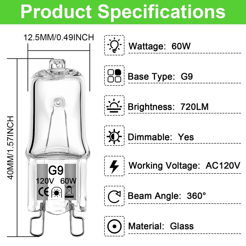 G9 Bulb 60W, 12 Pack G9 Halogen Light Bulbs 2