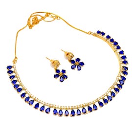 JewarHaat Indian Necklace Set AD CZ Elegant Gold Plated Multi Stones Sparkling Crystals Choker with Earrings Jewelry for Women (Blue)
