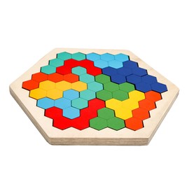 Wooden Blocks Puzzle Brain Teasers Toy Large Wooden Hexagon Puzzle for Kids Adults Tangram Brain Teaser Puzzles Geometry Logic IQ Games STEM Montessori Educational Gift for Kids (Cellular Rainbow)
