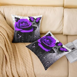 Loussiesd Purple Rose Set of 2 Cushion Covers 40 x 40 cm Romantic Flower Blossom Rose Soft Cushion Cover Boys Girls Room Decor Rose Butterfly Cushion Cover Valentine's Day Rose Sofa Cushion Couch