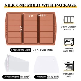 KASHME 1 Pc Chocolate Bar Mold Deep Large Chocolate Molds Silicone Break Apart Thick Silicone Molds for Candy Bar, With 100 Pcs Bags and 1 Pc Scraper Set (5 Snap）