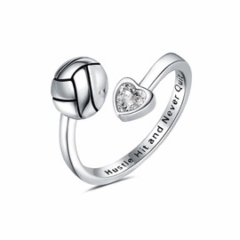 Vekoliry 925 Sterling Silver Volleyball Softball Basketball Ring Adjustable Jewelry Gifts for Players Lovers Women (Volleyball)