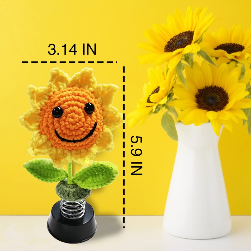 Shaking Sunflower Car Accessories Dashboard Decorations, Smiley Handmade Knitted for