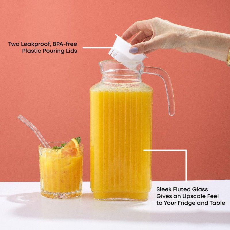 JoyJolt 60oz Glass Pitcher with Lid (2 Lids) - Beverage