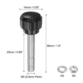 QUARKZMAN Set of 4 M5 x 25 mm Thread Knurled Buttons Thumb Screws with Nuts and Washers Clamping Knob Handle 14 mm Plastic Head Hand Buttons Thumb Screws, Black