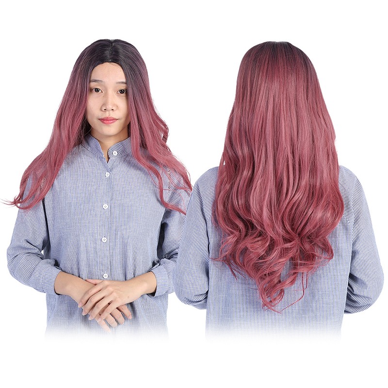 Women's Wig Long Pink Wavy Synthetic Hair Heat Resistant Cosplay