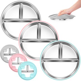 Bella's Friends Stainless Steel Toddler Plates Silicone Suction,3 Packs Non-Slip Kids Plates,Divided Portion,Food-Grade Silicone Plate for Baby,LEAD-FREE Dishwasher Safe,Grey Green Pink