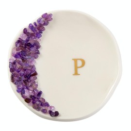 Maxsirui Ceramic Initials Ring Dish with Brazilian Amethyst Inlaid, Cute Room Decor Aesthetic, Decorative Jewelry Tray Trinket Dish, Engagement Wedding Birthday Christmas Gifts for Women (P)