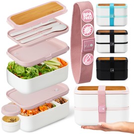 KARRICO Double Premium Bento Box Adult, 67 fl oz BPA-Free - Dusty Pink Stackable Lunch Box with Leak-Proof Lids & Dividers, Perfect for Meal Prep, Lunches & Portion Control